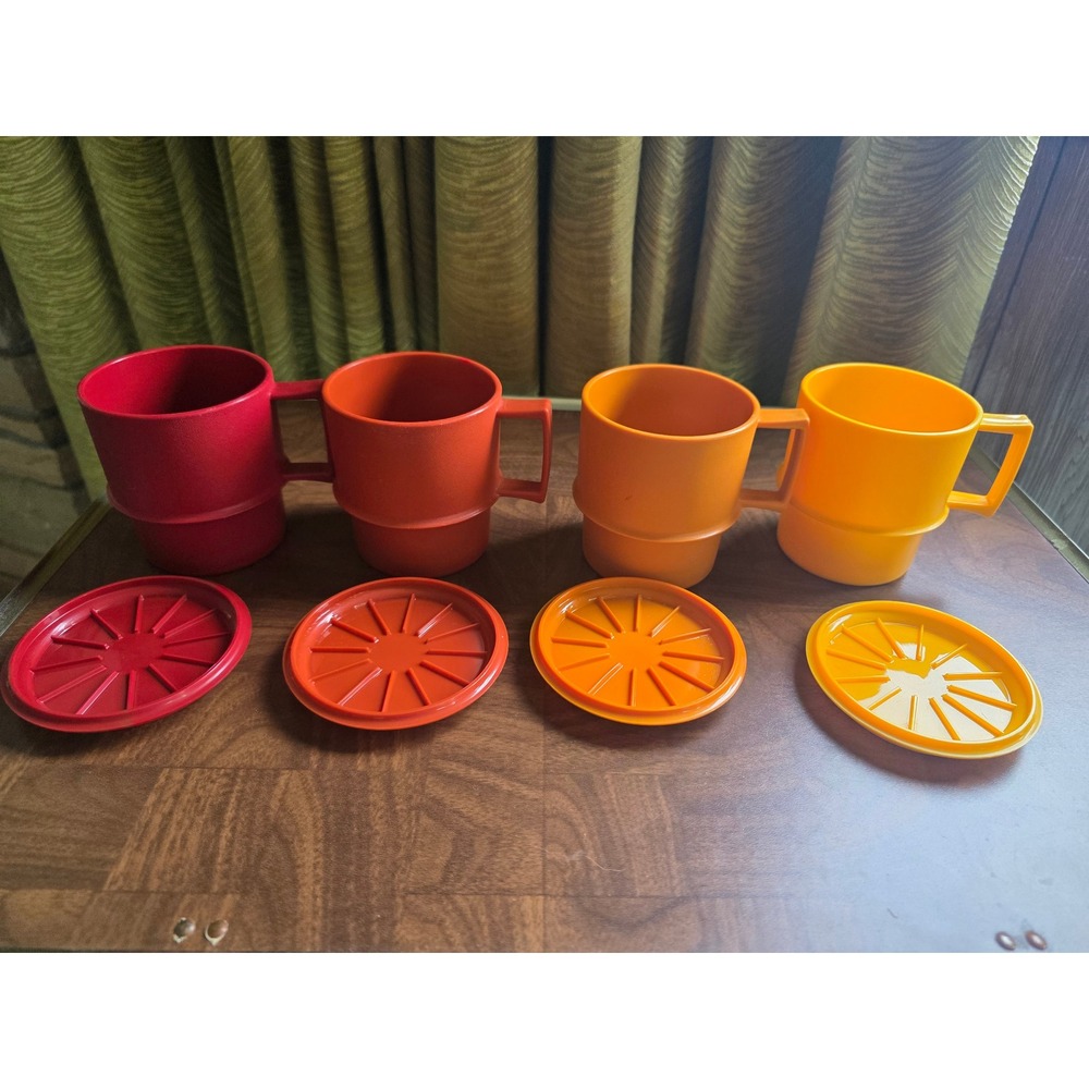 Vintage Tupperware Stacking Mugs 1312 Coaster Lids 1313 Harvest Colors Set of 4